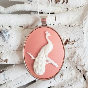 Pink peacock cameo pendant necklace HANDMADE